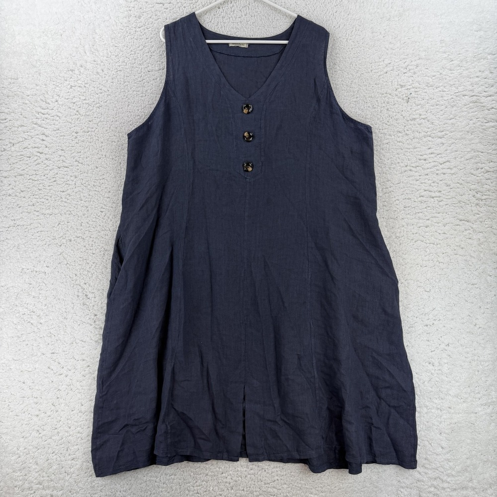 Alessia Pacini Dress Womens 3X Blue Linen V Neck Tank Trapeze Midi Pockets Italy